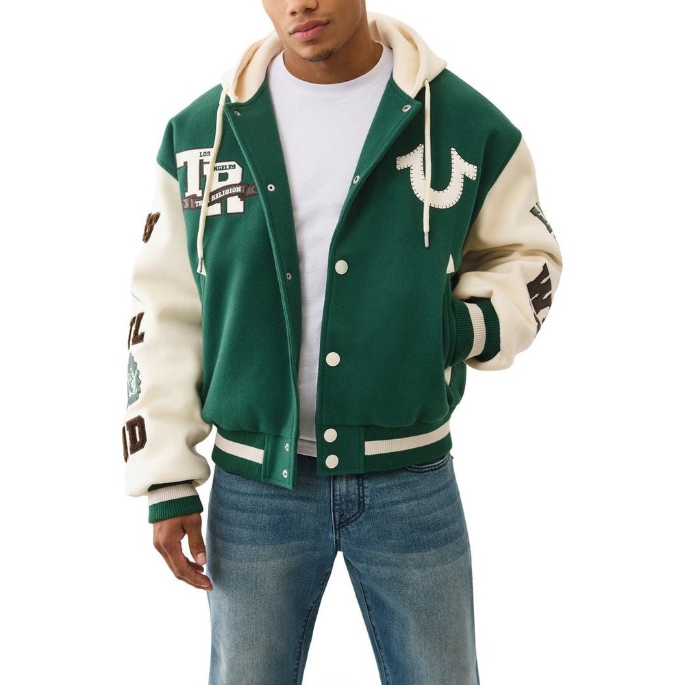 True Religion Retro Wool Varsity Jacket‎ Evergreen Winter White XXL 109636 NEW